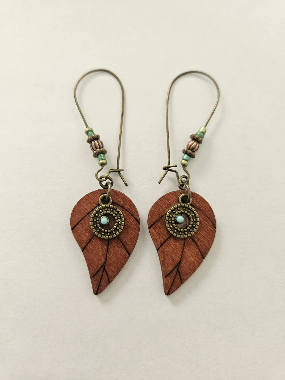 Boho Leaf Drop Earrings in Brown and Turquoise Western Feminine Festival
